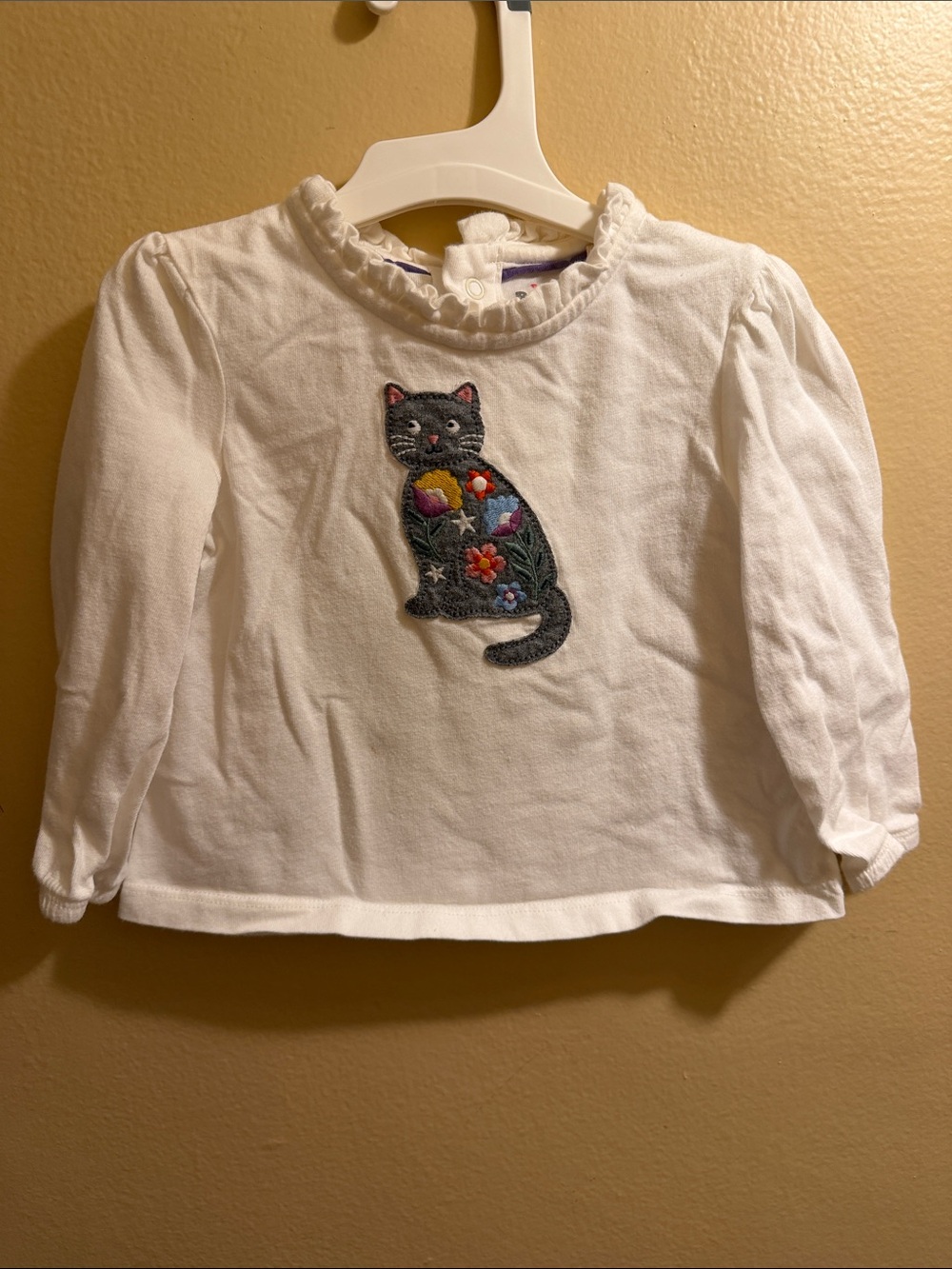 Mini Boden White Girls' Long-Sleeve Top with Embroidered Cat
